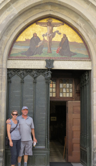 In front of the Castle Church Door where Martin Luther nailed his 95 Theses.